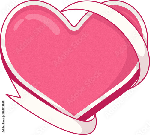 Vibrant pink heart shape adorned with a flowing white ribbon, presented in a clean, graphic style, perfect for romantic or celebratory themes on a white background.