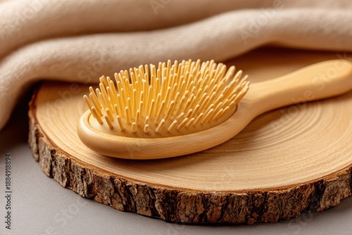 Wooden brush on wood surface close up view of a rustic wooden brush resting on a textured piece of wood highlighting natural materials