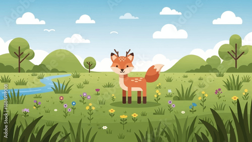 Cartoon Fox in Meadow.