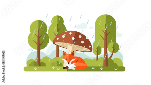 Cartoon Fox Under Mushroom.
