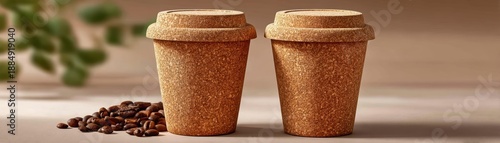 Two coffee cups with coffee beans close up view of two corked cups filled with aromatic coffee beans showcasing the rich texture and color