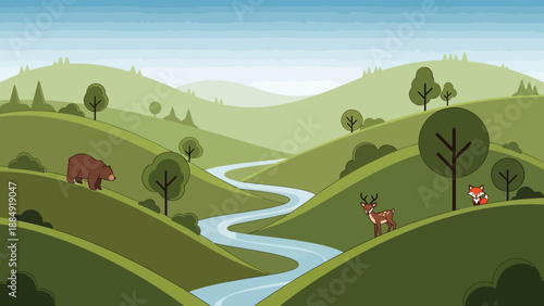Countryside Landscape with Deer.