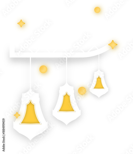 Whimsical white Islamic lanterns with glowing yellow light and scattered starbursts, evoking Ramadan festival ambiance, presented in a flat design style on a clean background.