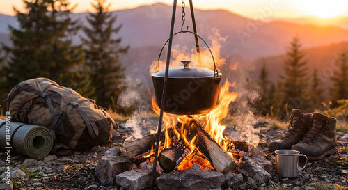 Cozy campfire cooking with a pot over flames at sunset, surrounded by camping gear and mountains