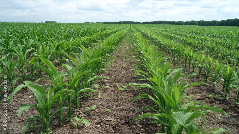 Naklejka premium Young Crops Growing Evenly in Rows on Farmland Under a Bright Sky