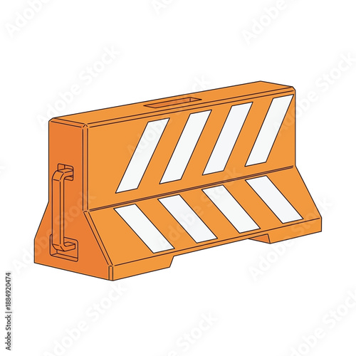 Orange traffic barrier with white reflective stripes, isolated on white background.