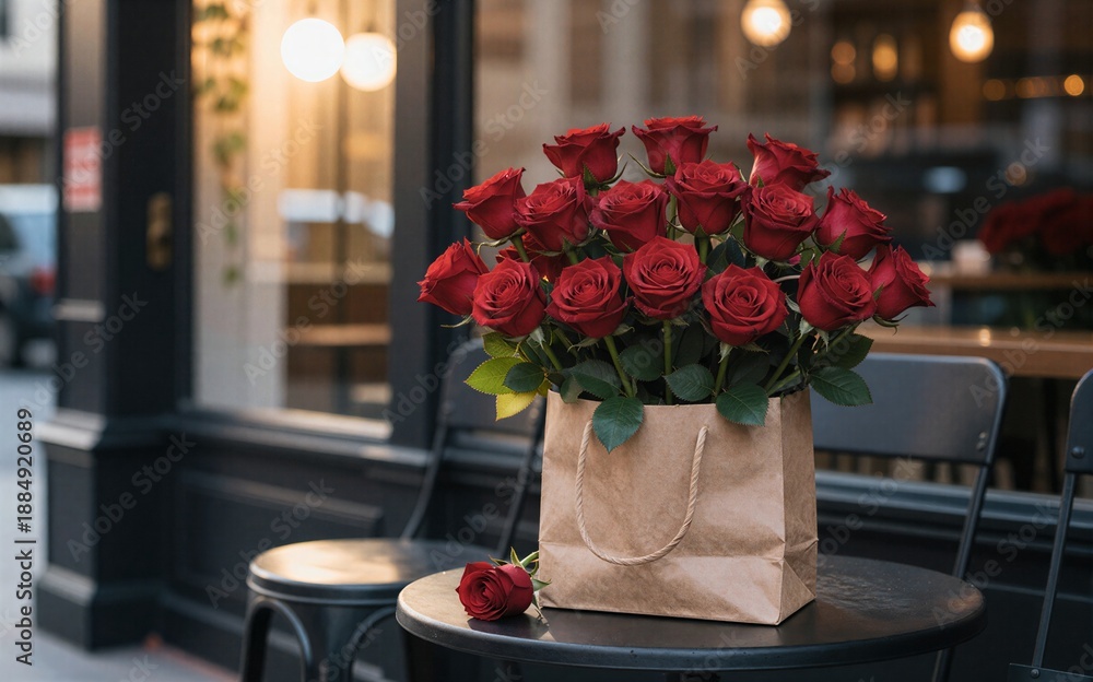 Obraz premium Red roses in paper bag on cafe table, cozy urban setting.