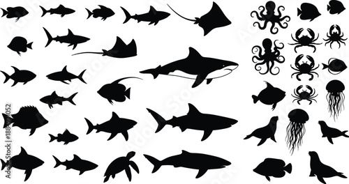 Black sea life silhouette collection with whale, octopus, stingray, seahorse, crab, starfish, jellyfish, tropical fish, and coral reef elements, vector