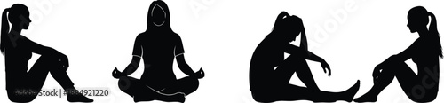 Female silhouette poses showing meditation, sitting and emotional body language, calm and thoughtful women figures isolated in black vector illustration on white background design