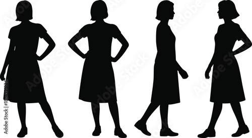 Female silhouette vector, fashion poses, walking and standing woman, black dress illustration, character design, animation reference, stylish posture, flat shoes