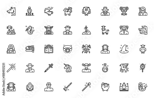 Fantasy icon set. Mythical creatures and magic vector collection. Includes dragon, wizard, unicorn, castle, fairy tale, elf, witch, sword and more. Editable stroke.