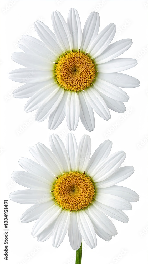 Fototapeta premium Two white daisies, top and bottom view, against white