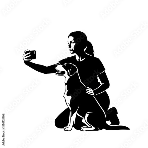 Woman taking selfie with dog on a leash.