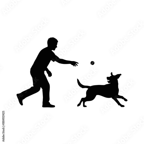 Man playing fetch with dog silhouette illustration.