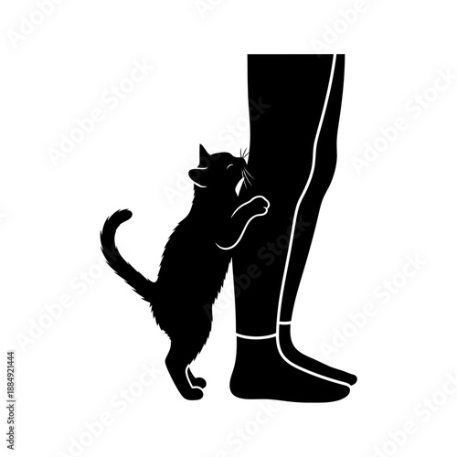 Black cat silhouette standing on hind legs and rubbing against a person's leg wearing boots.