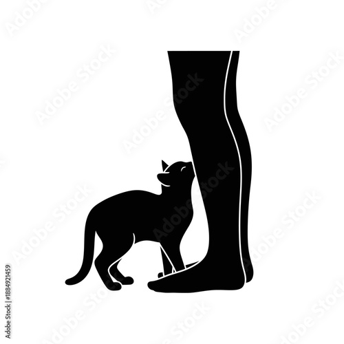 Black silhouette of a cat standing beside a human foot wearing a long boot.