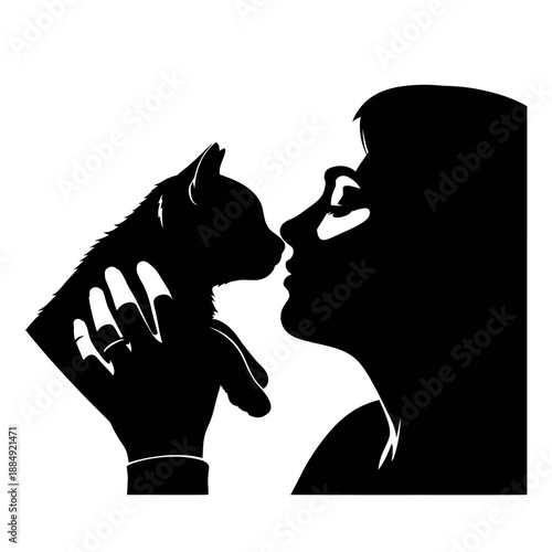 Tender moment between woman and cat in silhouette.
