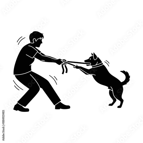Man playing tug of war with a dog using a rope toy.