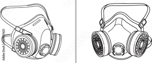 Detailed line art vector icons of industrial respirators with dual filters and head straps, providing heavy-duty respiratory protection against toxic fumes, dust, and chemical hazards.