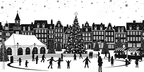 Festive winter city square silhouettes with Christmas tree ice skating people and holiday market, black and white detailed flat vector illustration design