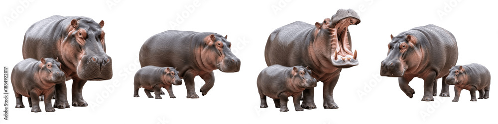 Fototapeta premium Set of Hippo and Calf Wildlife Family Bond Illustration Showing Adult Hippopotamus with Baby, River Animal Parenting Concept isolated on white transparent PNG background