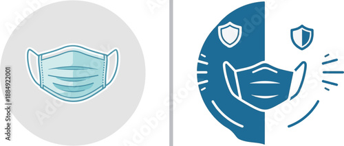 Vector graphics of medical face masks representing hygiene and protection. Features a realistic light-blue pleated mask in a circle and a stylized navy blue icon with safety shield symbols.