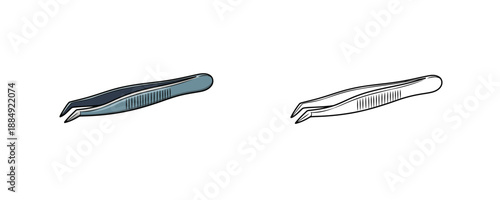 Cosmetic eyebrow tweezers in silver metal and line art styles for precision hair removal and beauty grooming featuring curved tips in flat vector cartoon style on white background