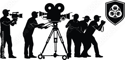 WebFilm crew silhouettes vector illustration, cameramen and photographers working with movie equipment and logo, isolated on white background for cinema production design.