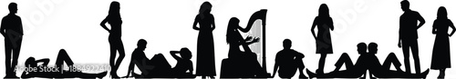 Collection of people silhouettes standing, sitting, relaxing, and playing harp, isolated black vector illustration set of men and women on white background.