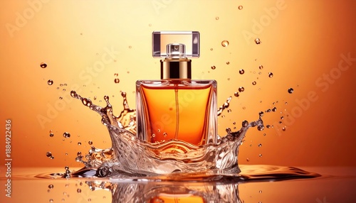 Amber perfume bottle in water splash (1)