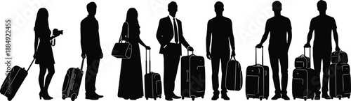 Collection of traveler silhouettes standing with suitcases and luggage, isolated black vector illustration set of men and women on white background, travel,