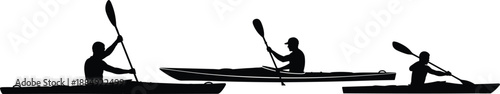 Silhouette collection of kayakers paddling in different dynamic poses, outdoor water sport motion study showing kayaking techniques and recreation design
