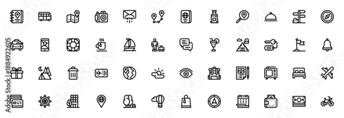 Travel App icon set. Vector illustration for travel guide, map, passport, luggage, plane, hotel, navigation, calendar and more. Editable thin line icons.