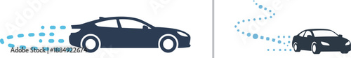 Minimalist vector silhouettes of a modern car in motion, featuring blue dotted trails to represent speed, GPS tracking, and autonomous driving technology on a clean white background.