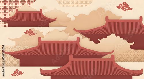 Traditional Asian temples with curved roofs and ornate details in a serene landscape viewed from a distance with a subtle color palette and soft clouds