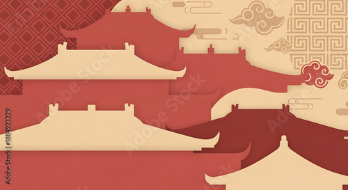 Ancient Temple Roofs in Red Tones, Illustrative Artwork Featuring Traditional Architecture and Cultural Heritage