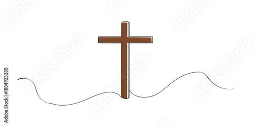 Line art illustration of a Christian cross symbol with simple clean shape. Hand drawn continuous line representing faith, spirituality, religion, and devotion.