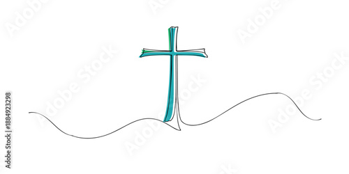 Line art illustration of a Christian cross symbol with simple clean shape. Hand drawn continuous line representing faith, spirituality, religion, and devotion.