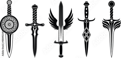 Black vector set of ornate fantasy daggers and swords featuring mystical wings, circular shields, sharp blades, and geometric tribal patterns,