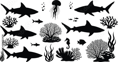 Black underwater silhouettes set featuring sharks, jellyfish, seahorses, coral reefs, and sea plants for marine life conservation and ocean nature designs.