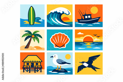 El Salvador Pacific coast icons in relaxed tropical vector style