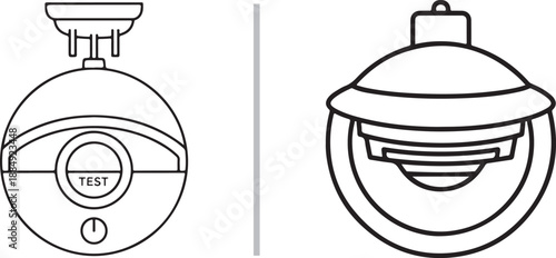 Clean line art vector icons of ceiling-mounted smoke detectors and fire alarms, featuring a "test" button and power symbol, representing home safety, fire prevention, and emergency protection.
