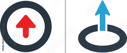 Two minimalist icons: a red arrow pointing up inside a black circle, and a blue arrow emerging upward from a 3D black ring, representing progress, uploads, or growth.