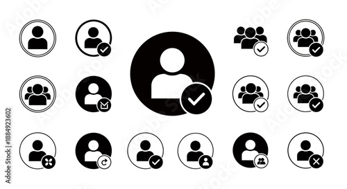 Set of user profile and group icons representing social connections and user management.