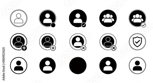 Set of user profile and security icons in black and white style.