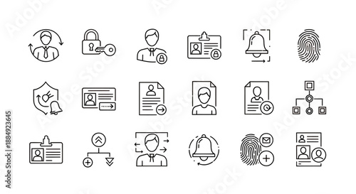 Set of twenty human resources and identity management icons in line style.