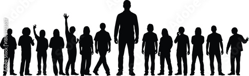 Silhouette of diverse people standing in a row, group of men and women in casual poses, community characters for corporate team illustration,