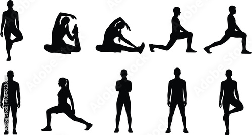 Silhouette set of people practicing yoga and fitness stretching, diverse men and women in athletic poses for wellness, health and workout,