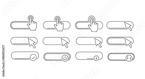 Set of hand cursor icons interacting with search bars and buttons in various states.