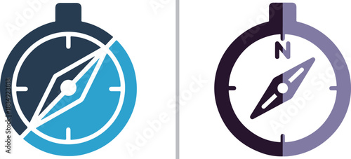 Clean vector icons of a classic magnetic compass and a modern navigation compass with an "N" north indicator, symbolizing travel, direction, exploration, and geographic orientation.